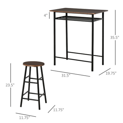 3 Piece Counter Height Table Chair Set with 1 Table, 2 Matching Stools, Storage Shelf and Metal Frame Footrest, Black and Oak Bar Sets Multi Colour  at Gallery Canada