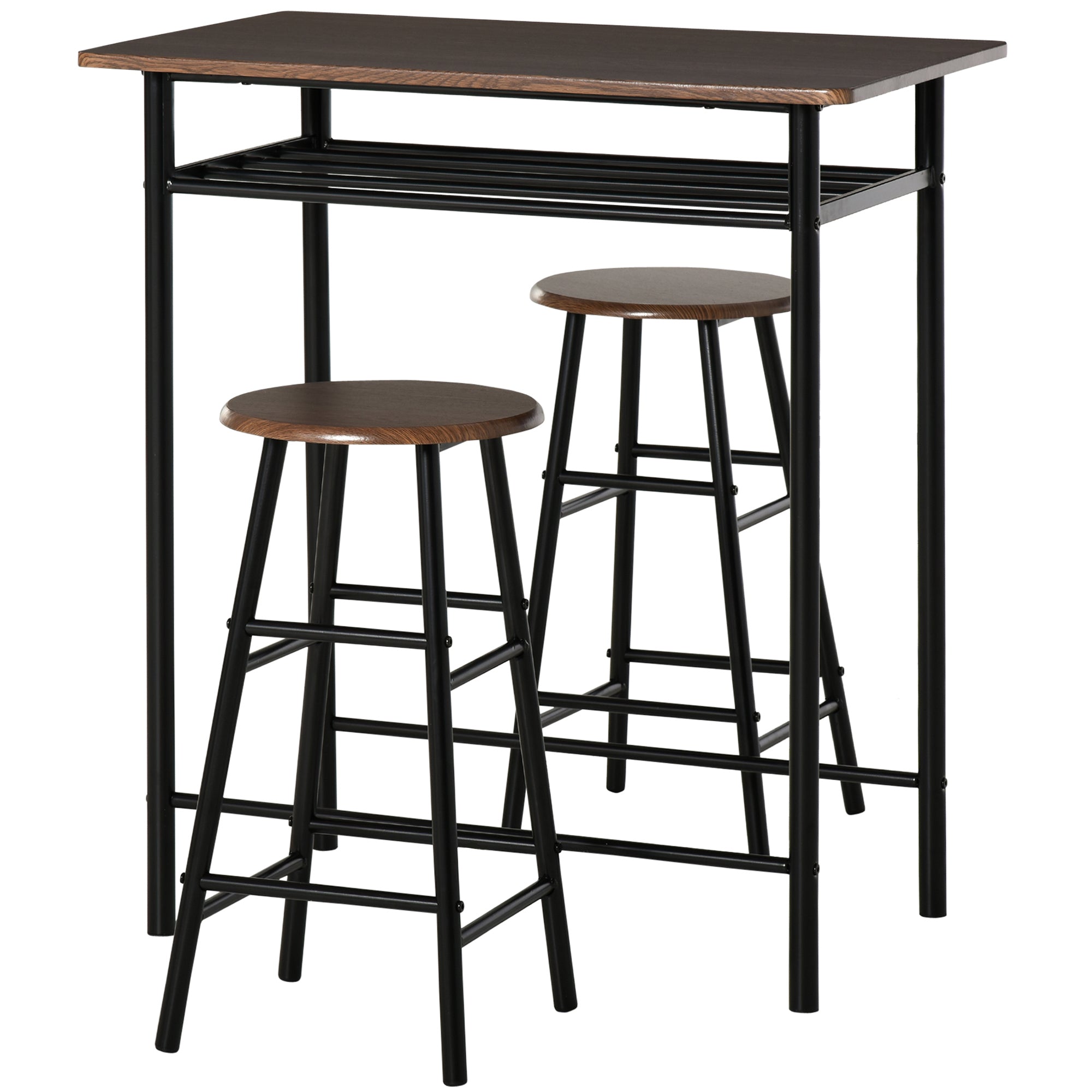 3 Piece Counter Height Table Chair Set with 1 Table, 2 Matching Stools, Storage Shelf and Metal Frame Footrest, Black and Oak Bar Sets   at Gallery Canada