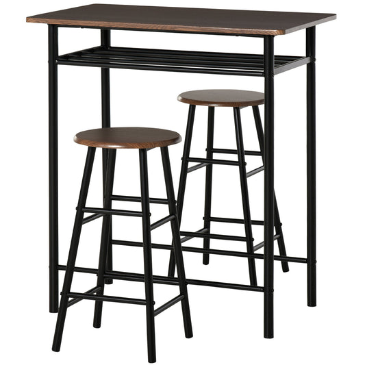 3 Piece Counter Height Table Chair Set with 1 Table, 2 Matching Stools, Storage Shelf and Metal Frame Footrest, Black and Oak Bar Sets Multi Colour  at Gallery Canada