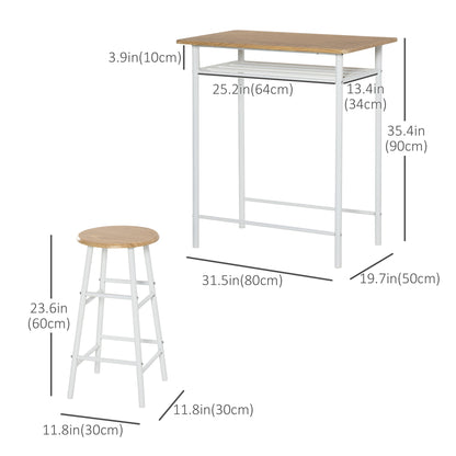 3 Piece Counter Height Table Chair Set with 1 Table, 2 Matching Stools, Storage Shelf and Metal Frame Footrest, White and Oak Bar Sets Multi Colour  at Gallery Canada