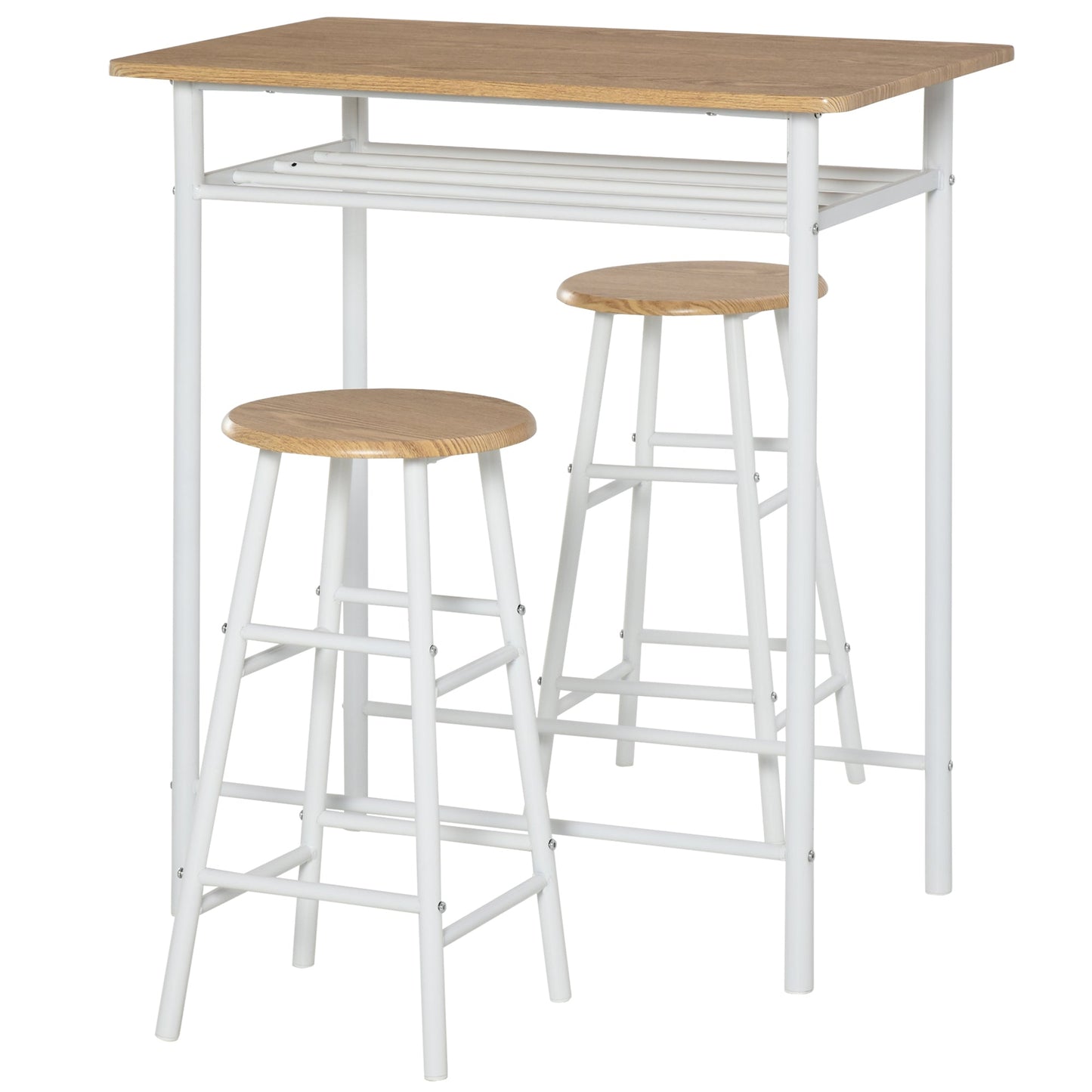 3 Piece Counter Height Table Chair Set with 1 Table, 2 Matching Stools, Storage Shelf and Metal Frame Footrest, White and Oak Bar Sets   at Gallery Canada