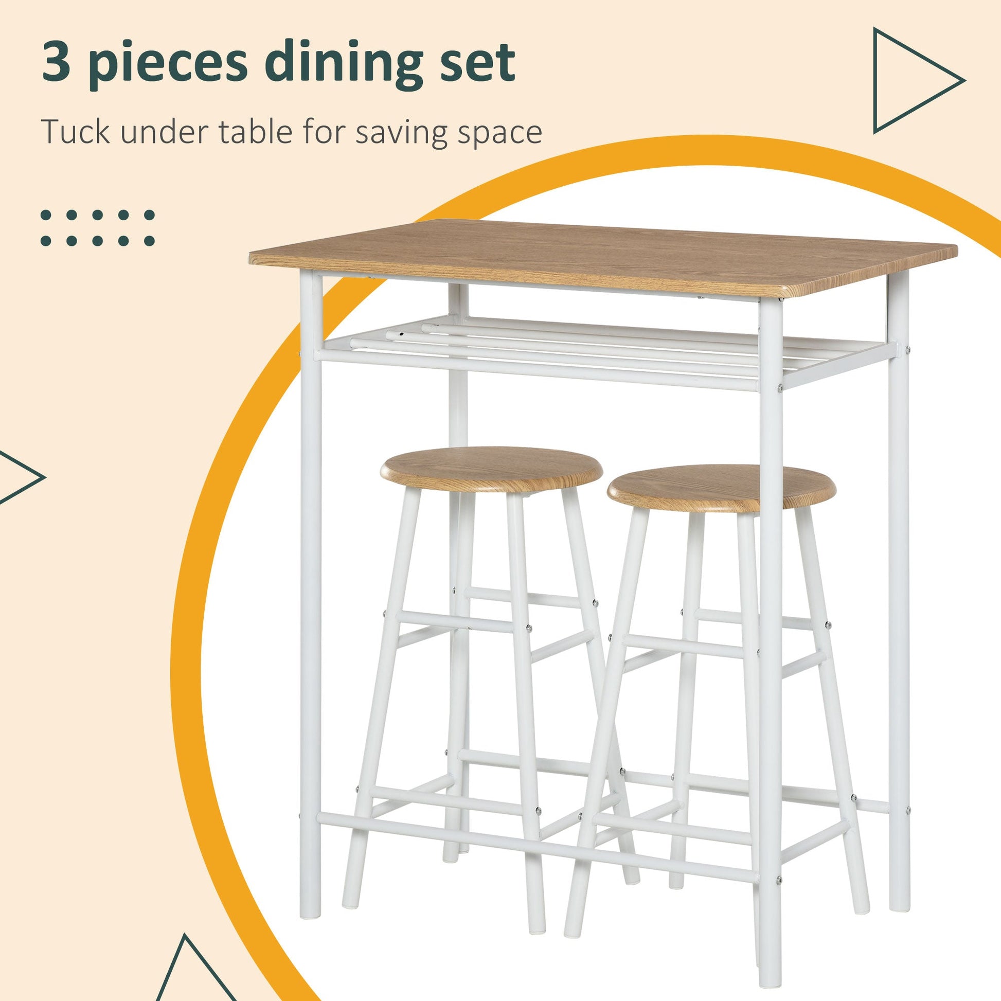 3 Piece Counter Height Table Chair Set with 1 Table, 2 Matching Stools, Storage Shelf and Metal Frame Footrest, White and Oak Bar Sets   at Gallery Canada