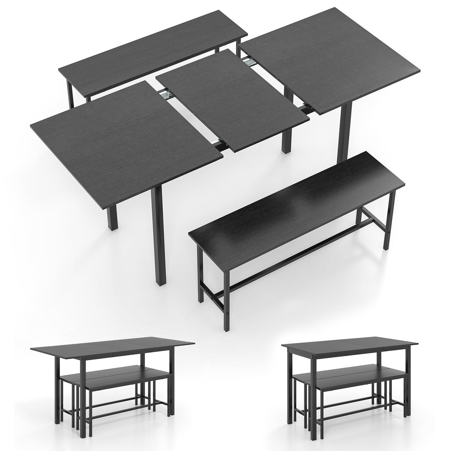 3 Piece Dining Table Set for 4-6 with 2 Benches, Black Dining Room Sets Black  at Gallery Canada