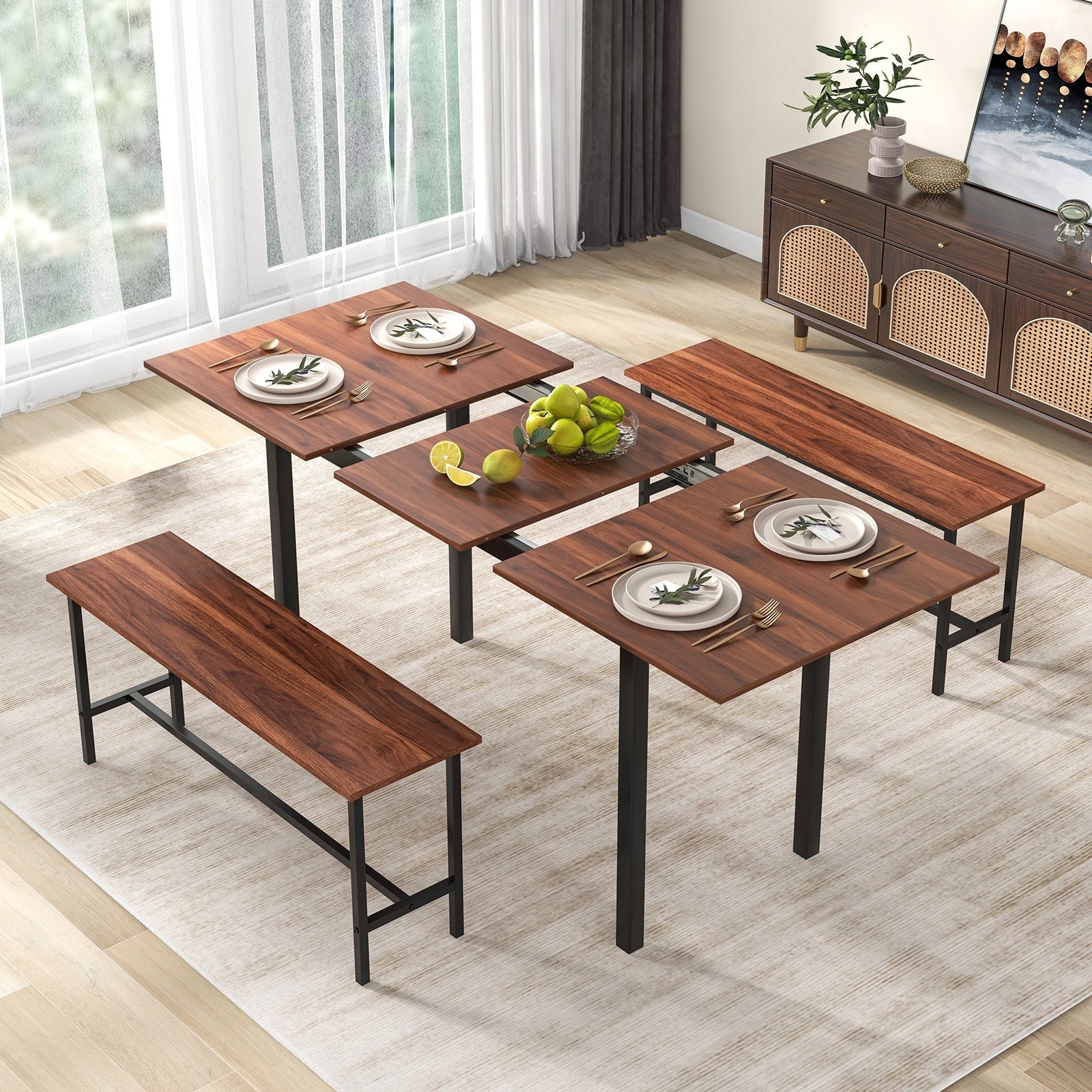 3 Piece Dining Table Set for 4-6 with 2 Benches, Walnut Dining Room Sets   at Gallery Canada