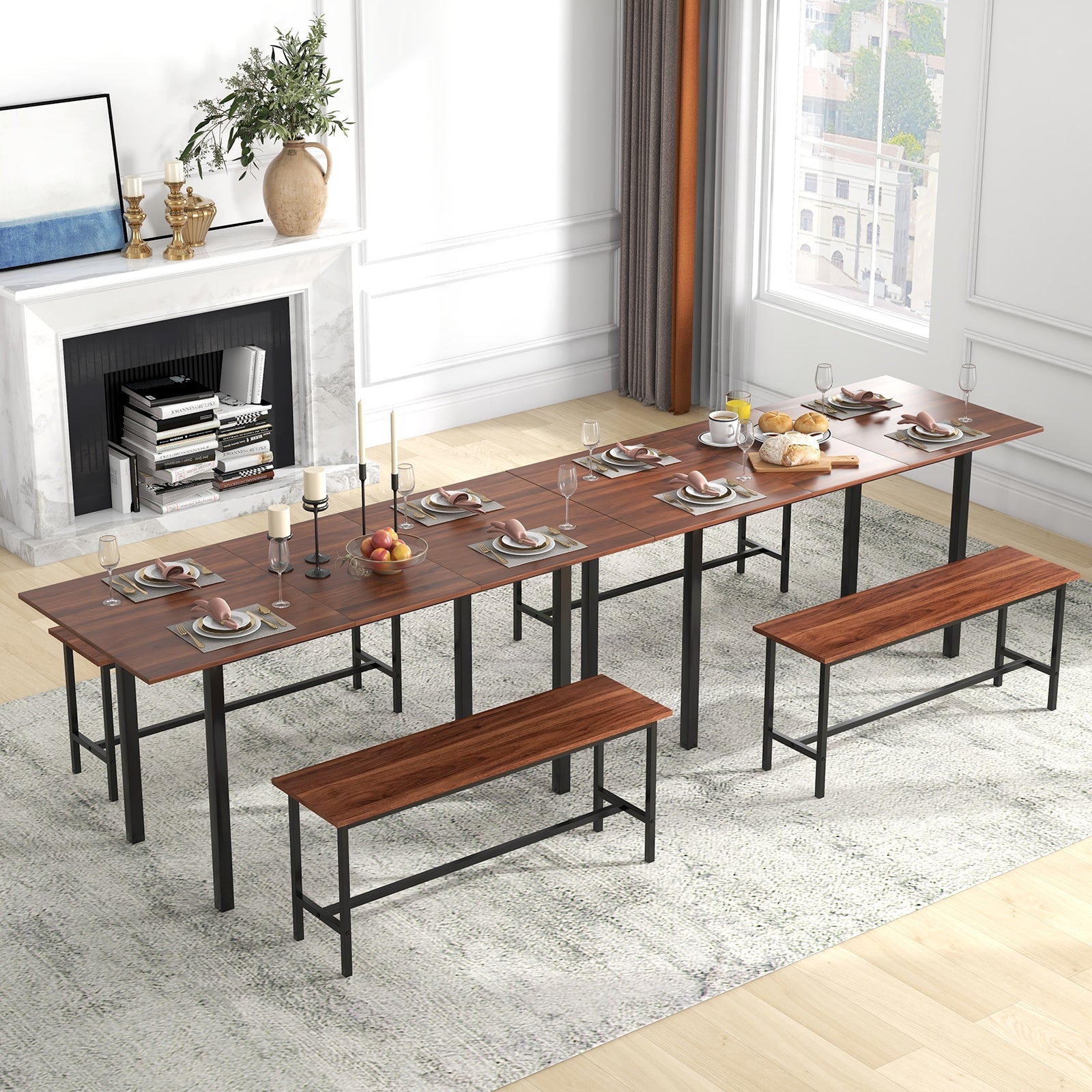 3 Piece Dining Table Set for 4-6 with 2 Benches, Walnut Dining Room Sets   at Gallery Canada