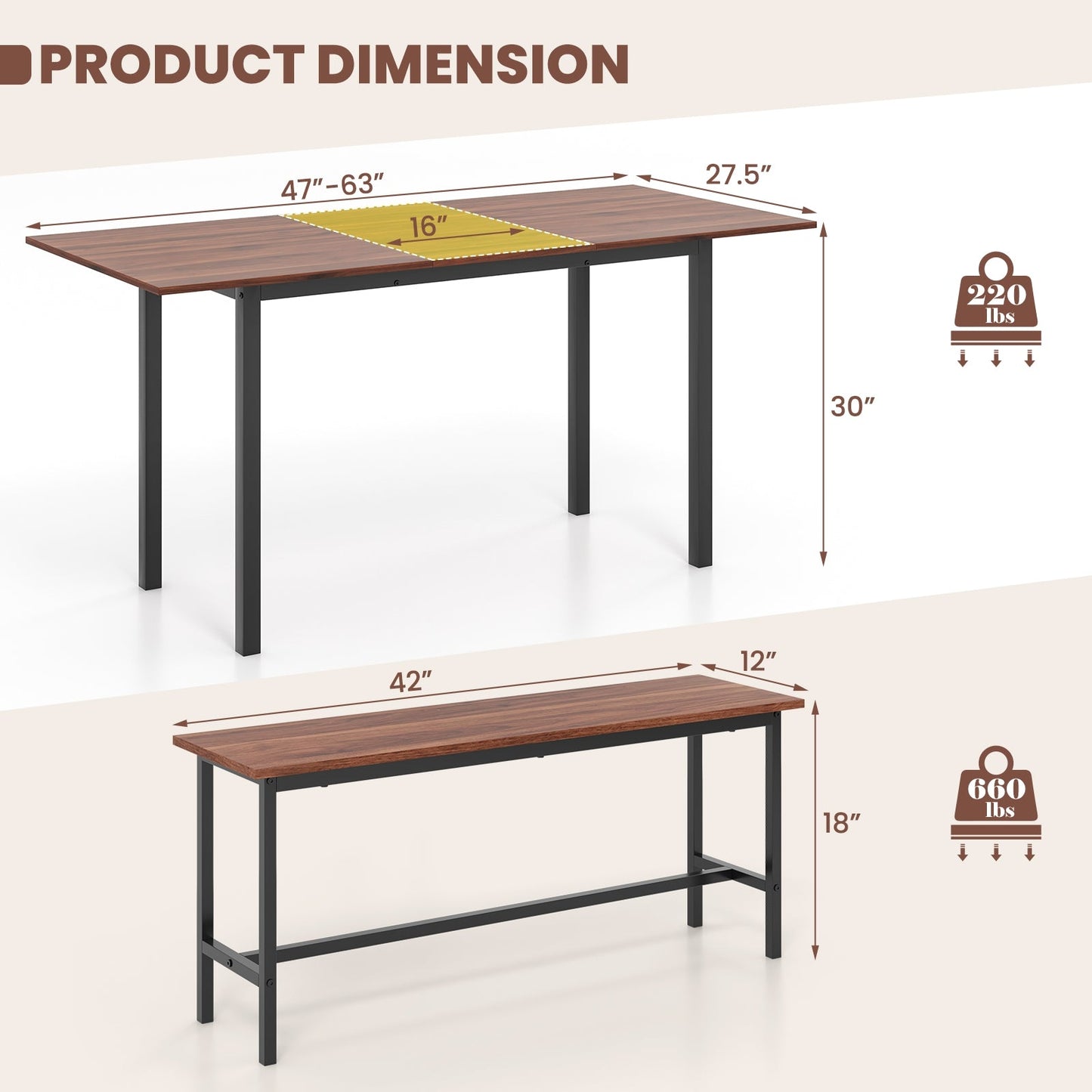 3 Piece Dining Table Set for 4-6 with 2 Benches, Walnut Dining Room Sets   at Gallery Canada