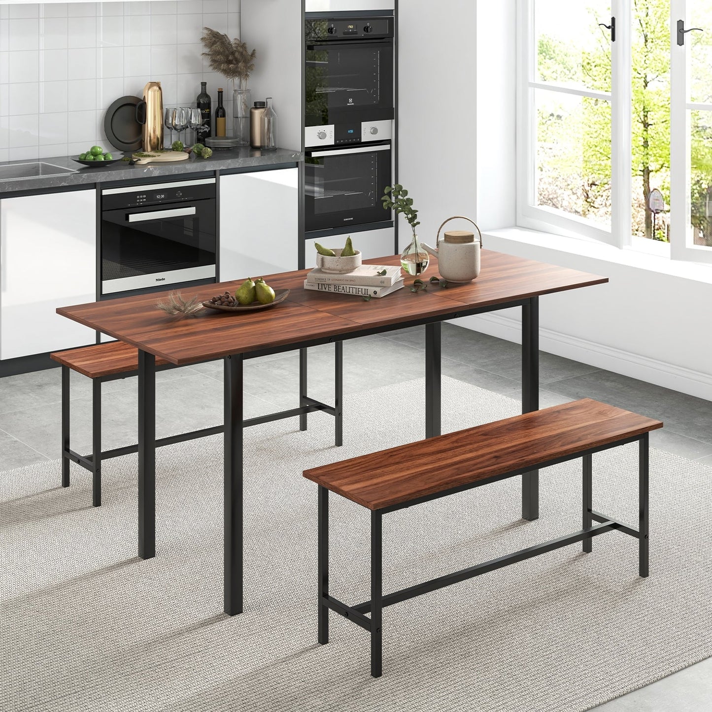 3 Piece Dining Table Set for 4-6 with 2 Benches, Walnut Dining Room Sets   at Gallery Canada