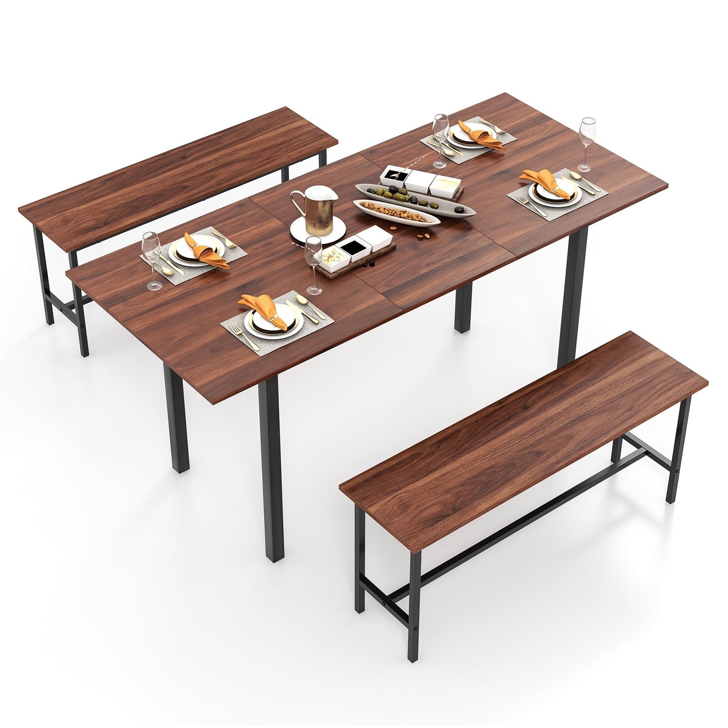 3 Piece Dining Table Set for 4-6 with 2 Benches, Walnut Dining Room Sets   at Gallery Canada