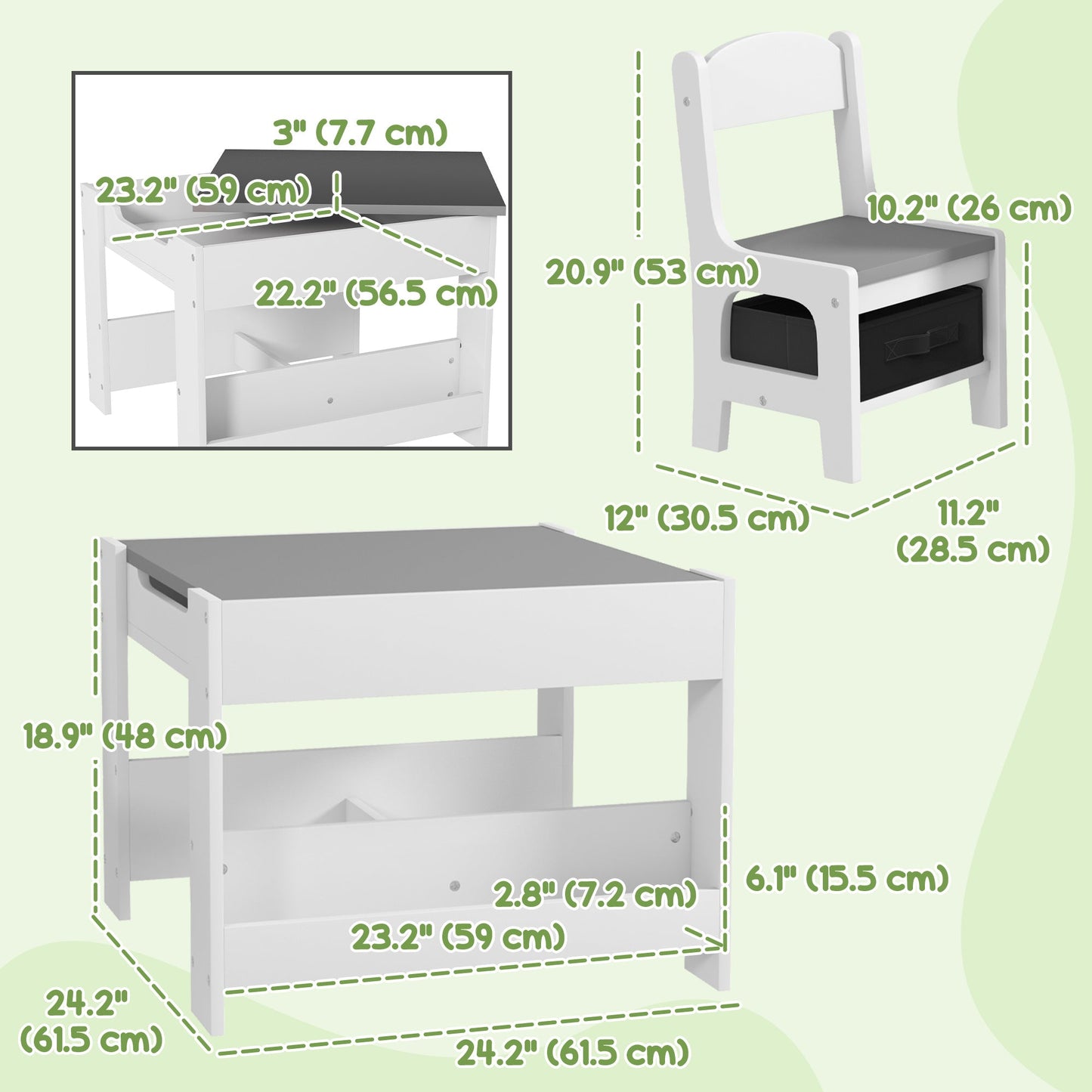 3 Piece Kids Table and Chair Set with Reversible Tabletop, Blackboard, Storage, Bookshelf, for Playroom, Nursery, Grey Kids Table Sets   at Gallery Canada