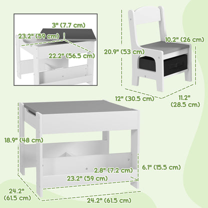 3 Piece Kids Table and Chair Set with Reversible Tabletop, Blackboard, Storage, Bookshelf, for Playroom, Nursery, Grey Kids Table Sets   at Gallery Canada