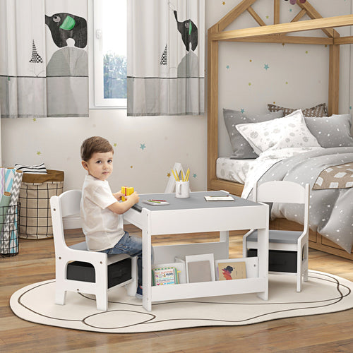 3 Piece Kids Table and Chair Set with Reversible Tabletop, Blackboard, Storage, Bookshelf, for Playroom, Nursery, Grey