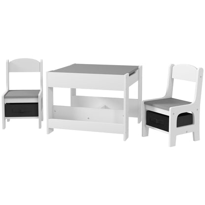 3 Piece Kids Table and Chair Set with Reversible Tabletop, Blackboard, Storage, Bookshelf, for Playroom, Nursery, Grey Kids Table Sets   at Gallery Canada