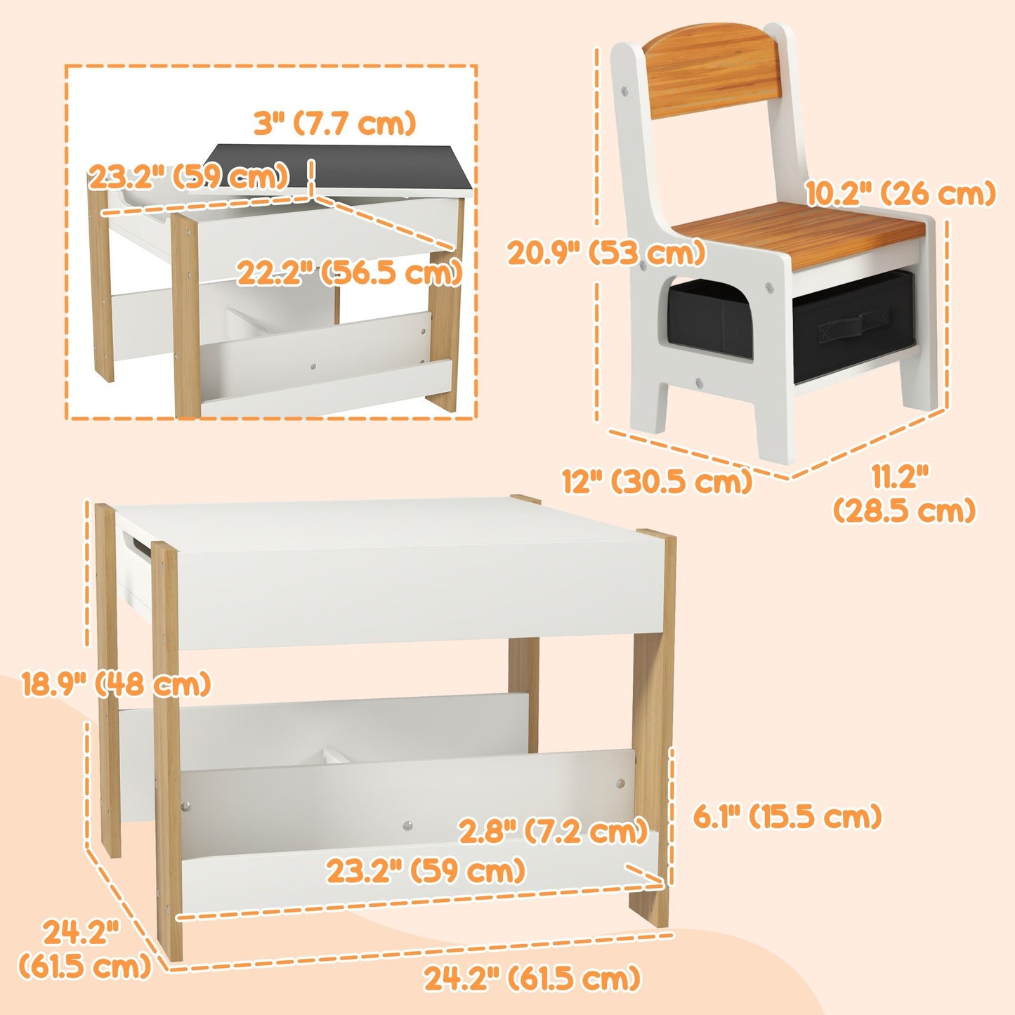 3 Piece Kids Table and Chair Set with Reversible Tabletop, Blackboard, Storage, Bookshelf, for Playroom, Nursery Natural Kids Table Sets   at Gallery Canada