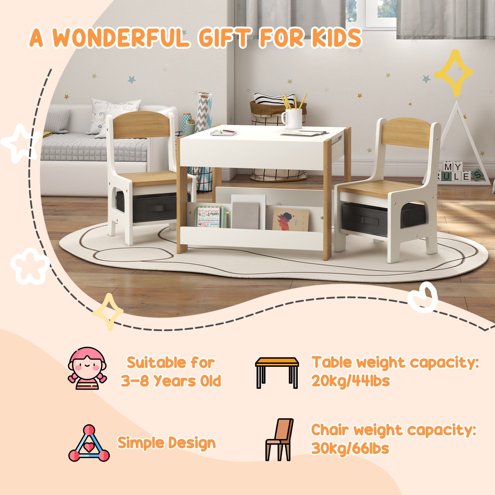 3 Piece Kids Table and Chair Set with Reversible Tabletop, Blackboard, Storage, Bookshelf, for Playroom, Nursery Natural Kids Table Sets   at Gallery Canada