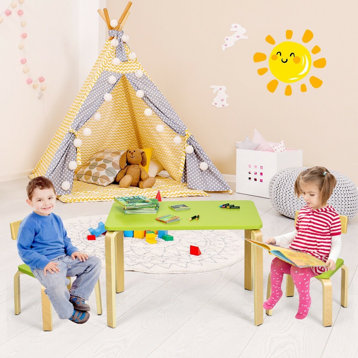 3 Piece Kids Wooden Activity Table and 2 Chairs Set, Green Kids Table & Chair Sets   at Gallery Canada