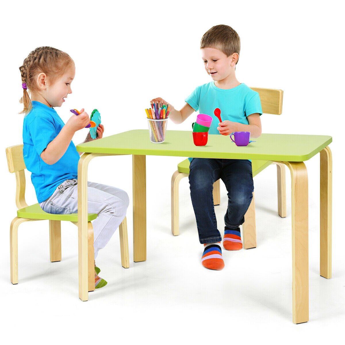 3 Piece Kids Wooden Activity Table and 2 Chairs Set, Green Kids Table & Chair Sets   at Gallery Canada