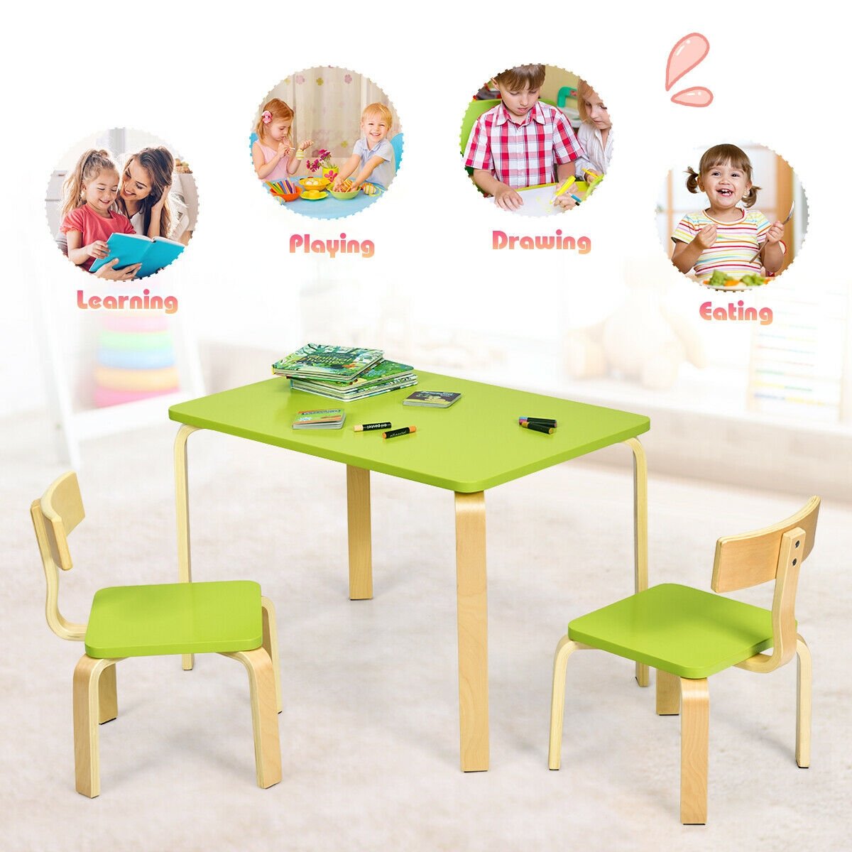 3 Piece Kids Wooden Activity Table and 2 Chairs Set, Green Kids Table & Chair Sets   at Gallery Canada