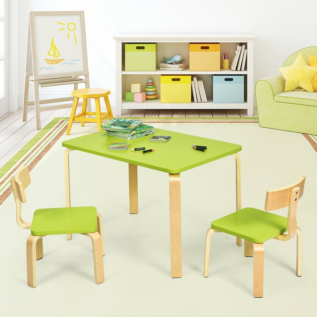 3 Piece Kids Wooden Activity Table and 2 Chairs Set, Green Kids Table & Chair Sets   at Gallery Canada