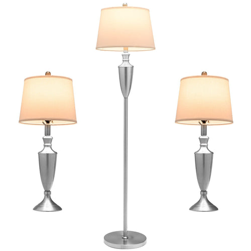 3 Piece Lamp with Set Modern Floor Lamp and 2 Table Lamps, Silver