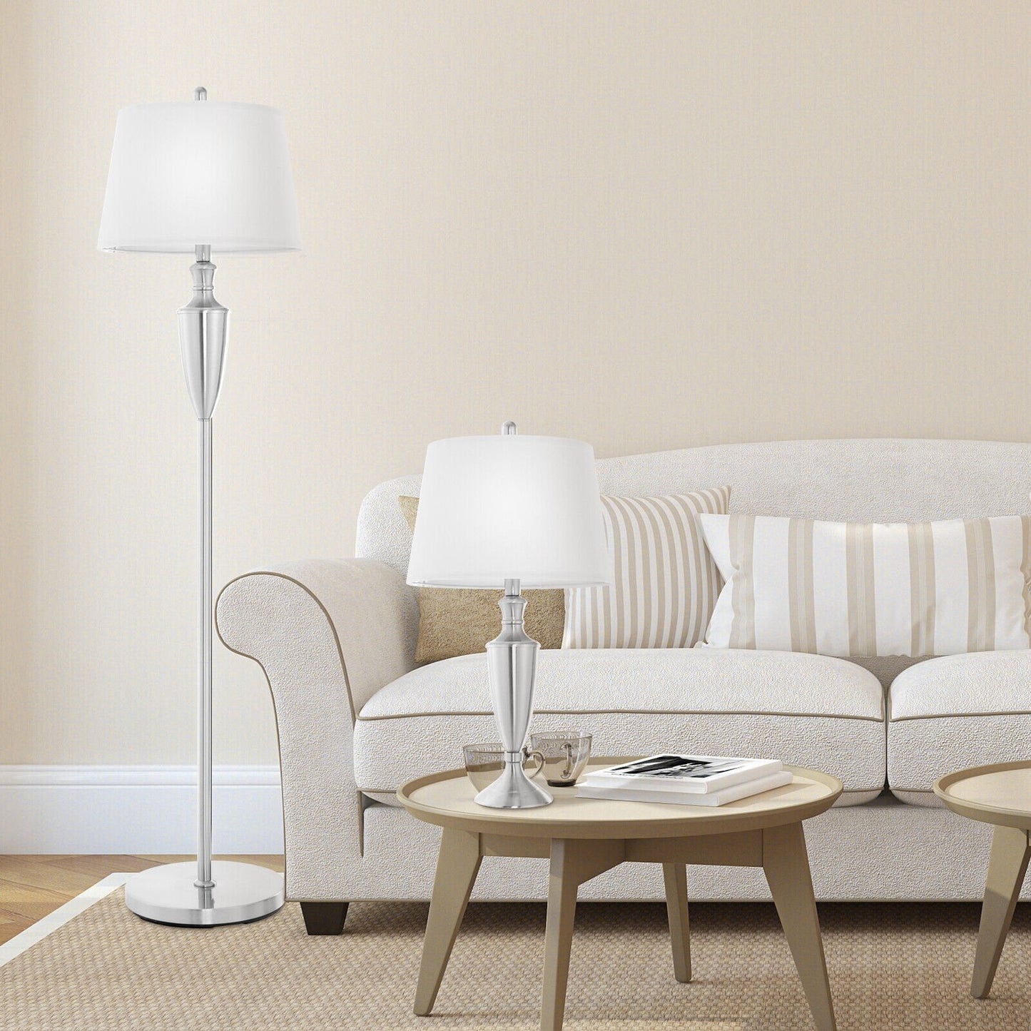 3 Piece Lamp with Set Modern Floor Lamp and 2 Table Lamps, Silver Table & Floor Lamps   at Gallery Canada