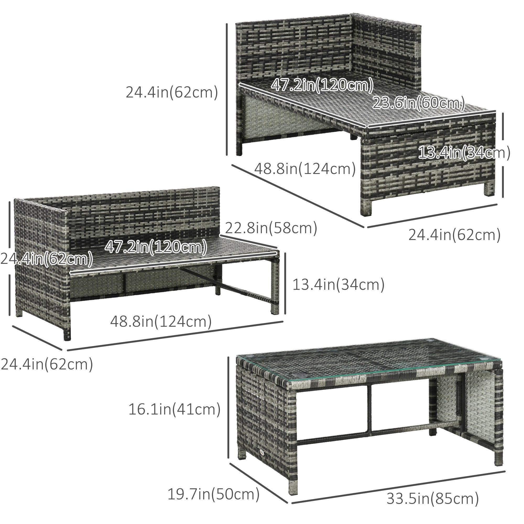 3-Piece Wicker Patio Set: Loveseat, Chaise Lounge, Glass Table, Cushions, Grey Patio Furniture Sets   at Gallery Canada