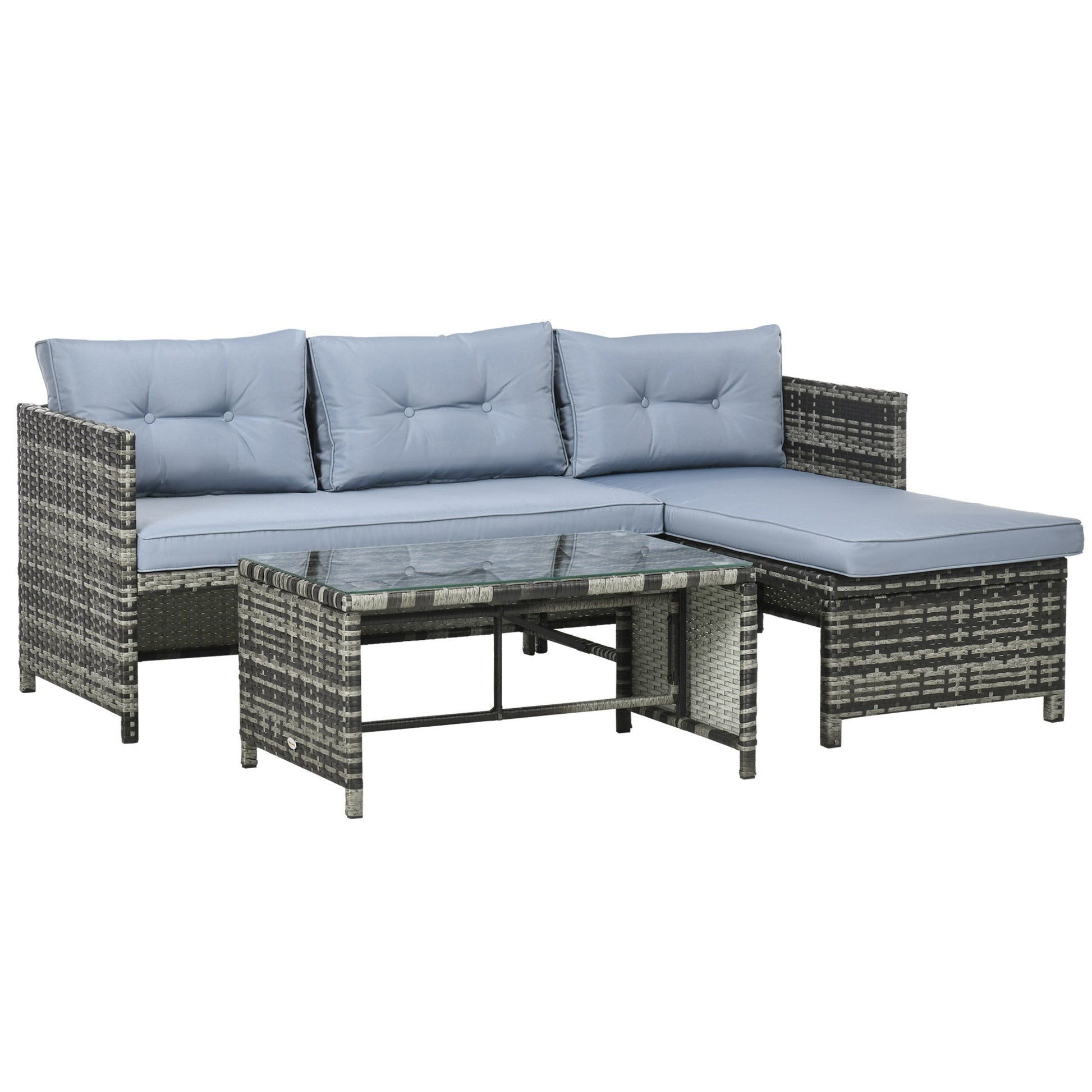 3-Piece Wicker Patio Set: Loveseat, Chaise Lounge, Glass Table, Cushions, Grey Patio Furniture Sets Grey  at Gallery Canada