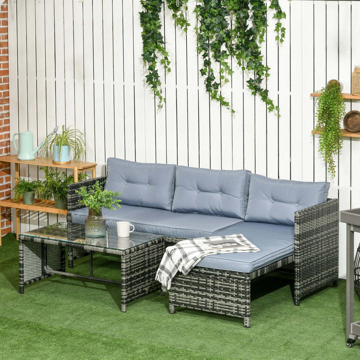 3-Piece Wicker Patio Set: Loveseat, Chaise Lounge, Glass Table, Cushions, Grey Patio Furniture Sets   at Gallery Canada