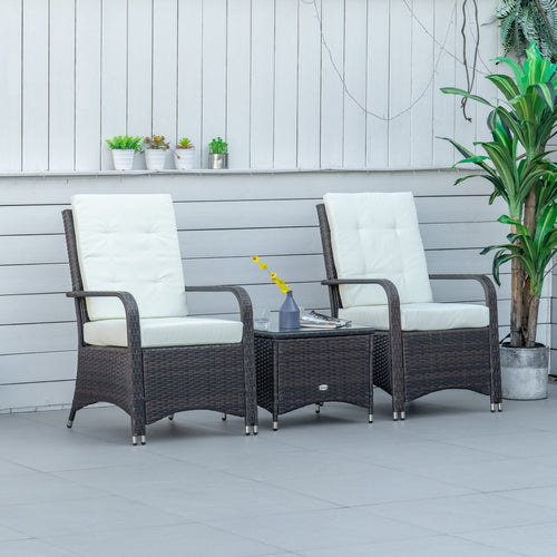 3 Piece Outdoor PE Rattan Patio Furniture Set Bistro Set w/ Cushions, Tempered Glass Tabletop for Balcony, Pool, Cream