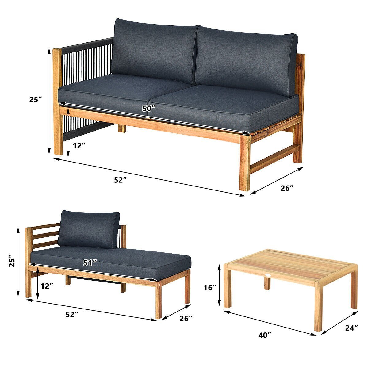 3 Piece Patio Acacia Sofa Set with Nylon Armrest, Gray Outdoor Sectionals   at Gallery Canada