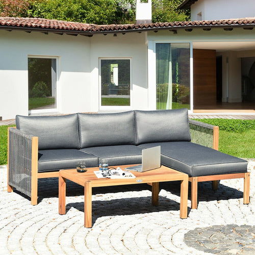 3 Piece Patio Acacia Sofa Set with Nylon Armrest, Gray