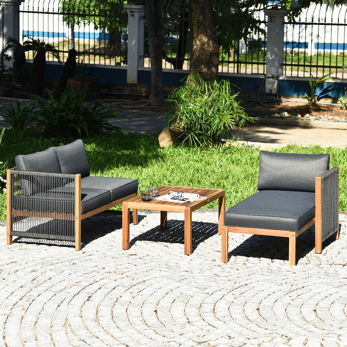 3 Piece Patio Acacia Sofa Set with Nylon Armrest, Gray Outdoor Sectionals   at Gallery Canada