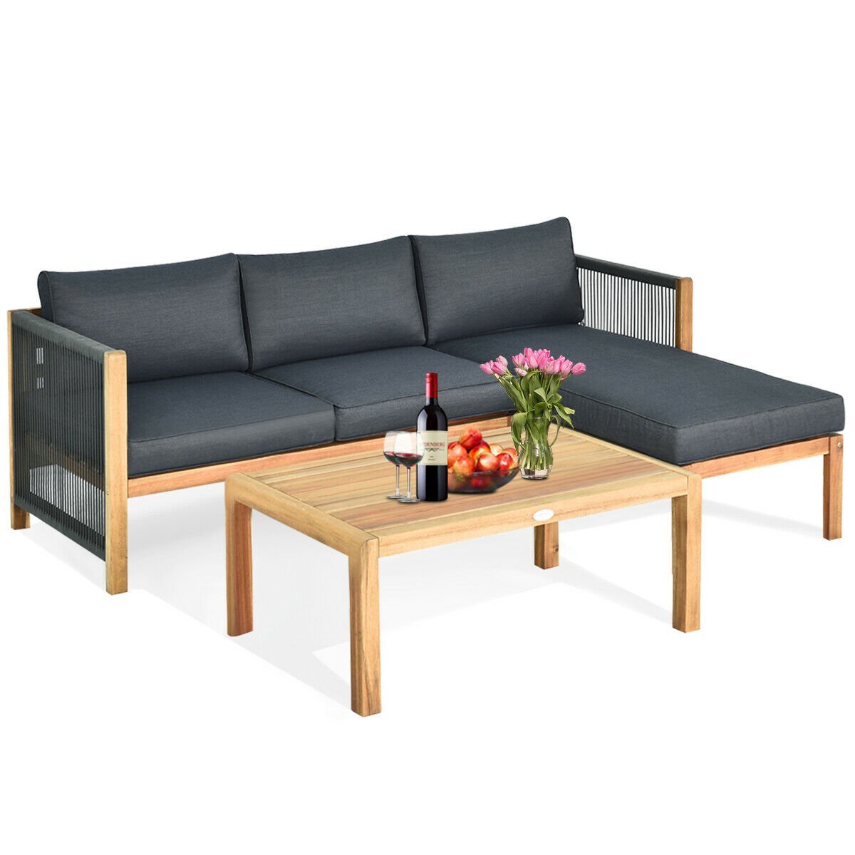 3 Piece Patio Acacia Sofa Set with Nylon Armrest, Gray Outdoor Sectionals   at Gallery Canada