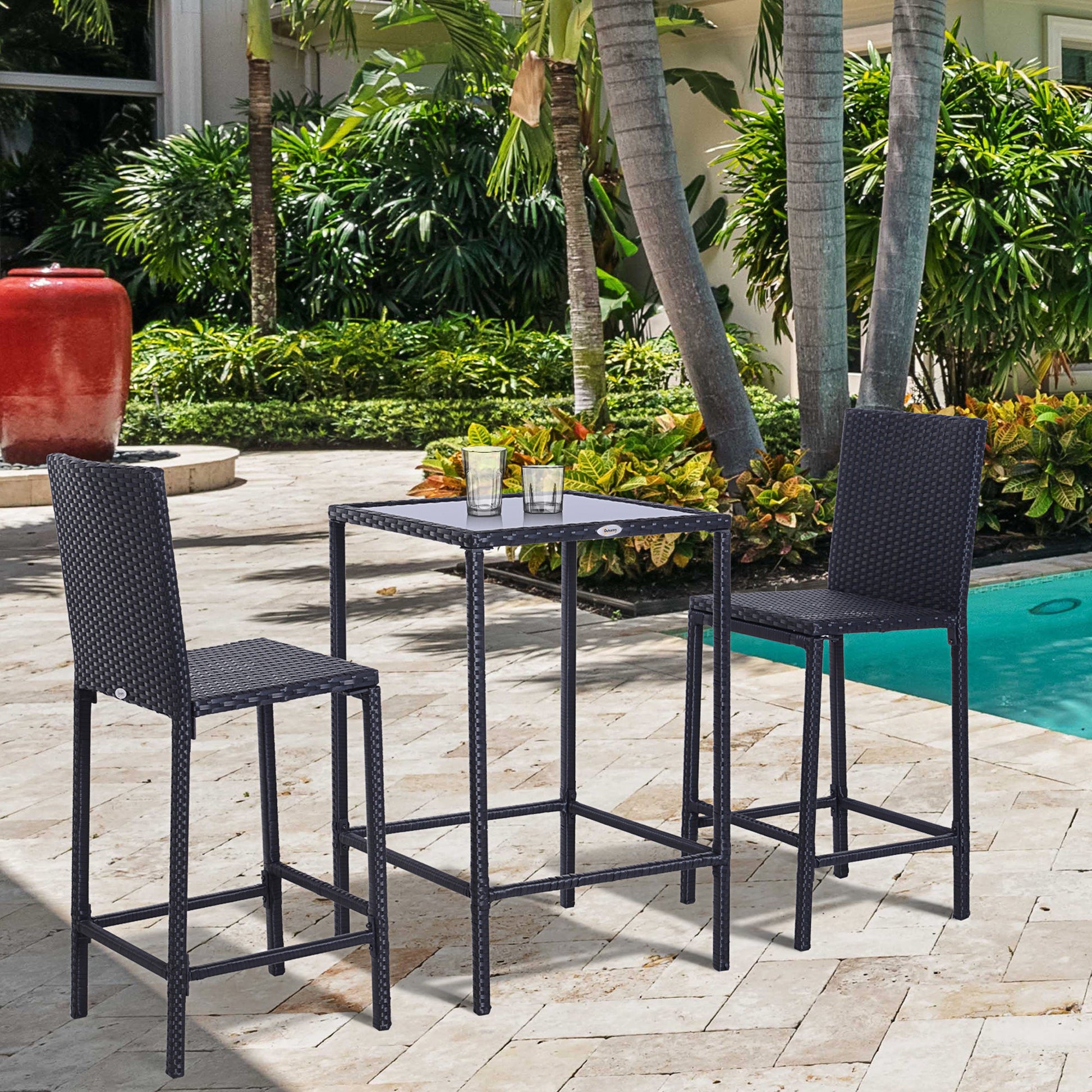 3 Piece Patio Bar Set Wicker Rattan Garden Bistro Set Barstool and Table for Patio Backyard Balcony Poolside, Black Bistro Sets   at Gallery Canada