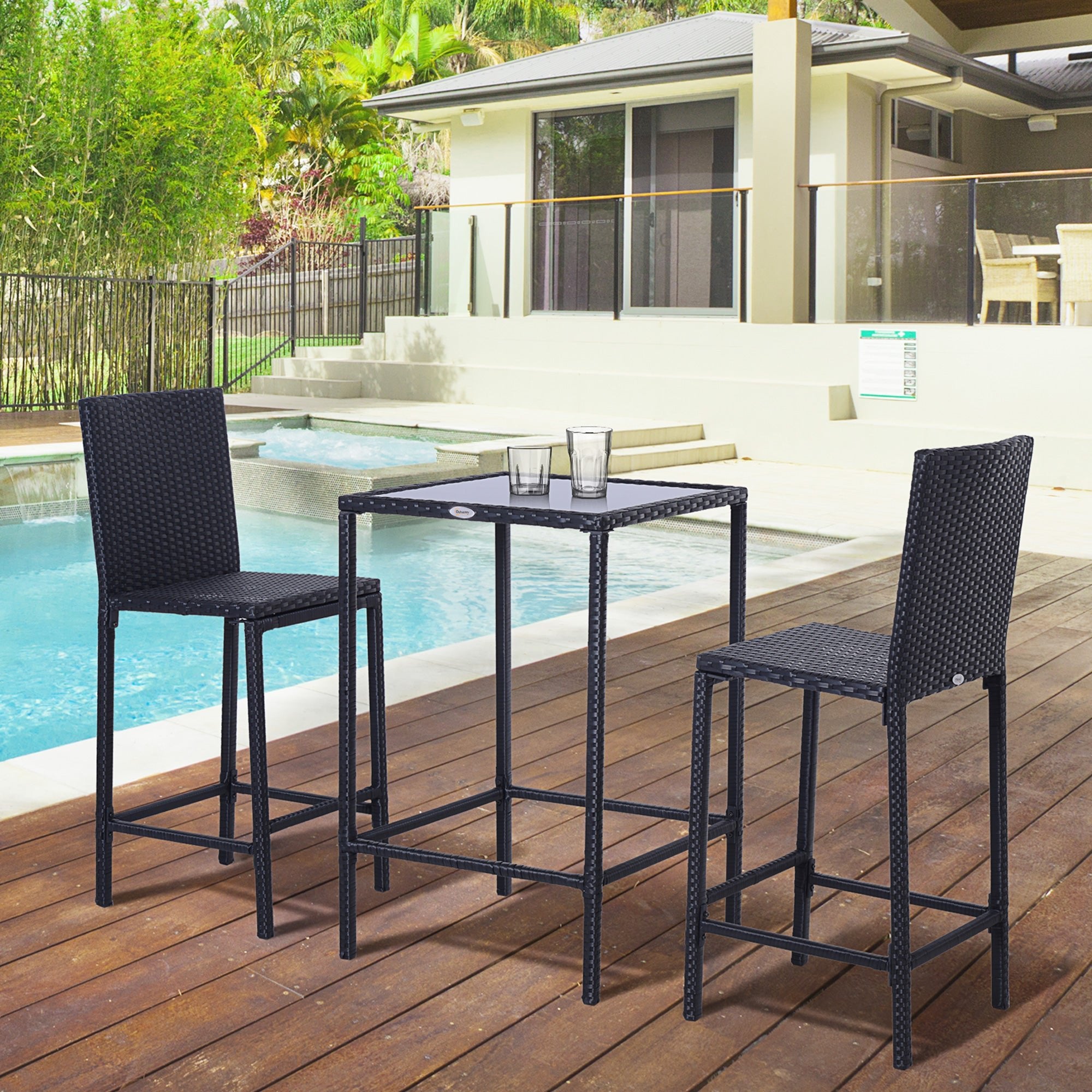 3 Piece Patio Bar Set Wicker Rattan Garden Bistro Set Barstool and Table for Patio Backyard Balcony Poolside, Black Bistro Sets   at Gallery Canada