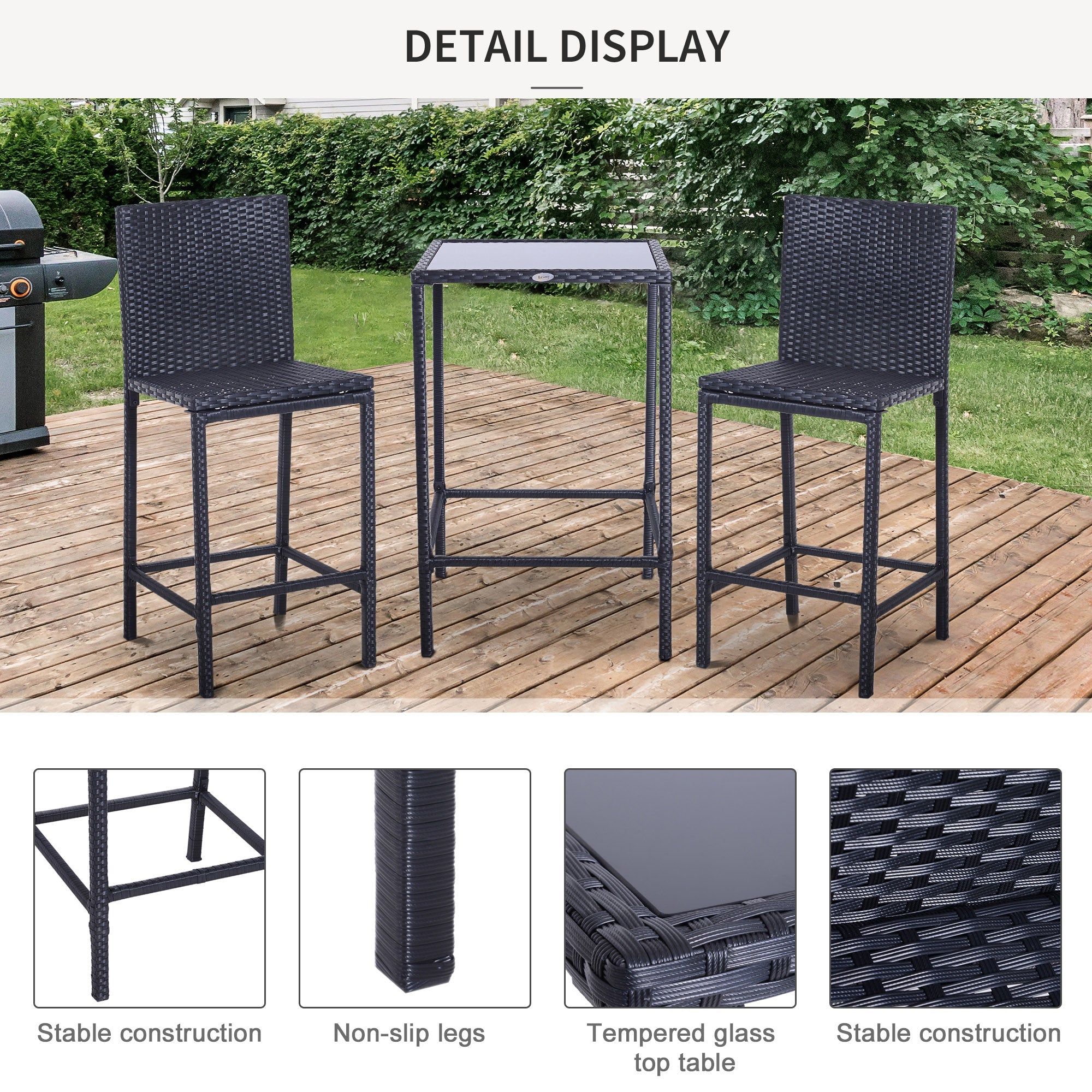 3 Piece Patio Bar Set Wicker Rattan Garden Bistro Set Barstool and Table for Patio Backyard Balcony Poolside, Black Bistro Sets   at Gallery Canada