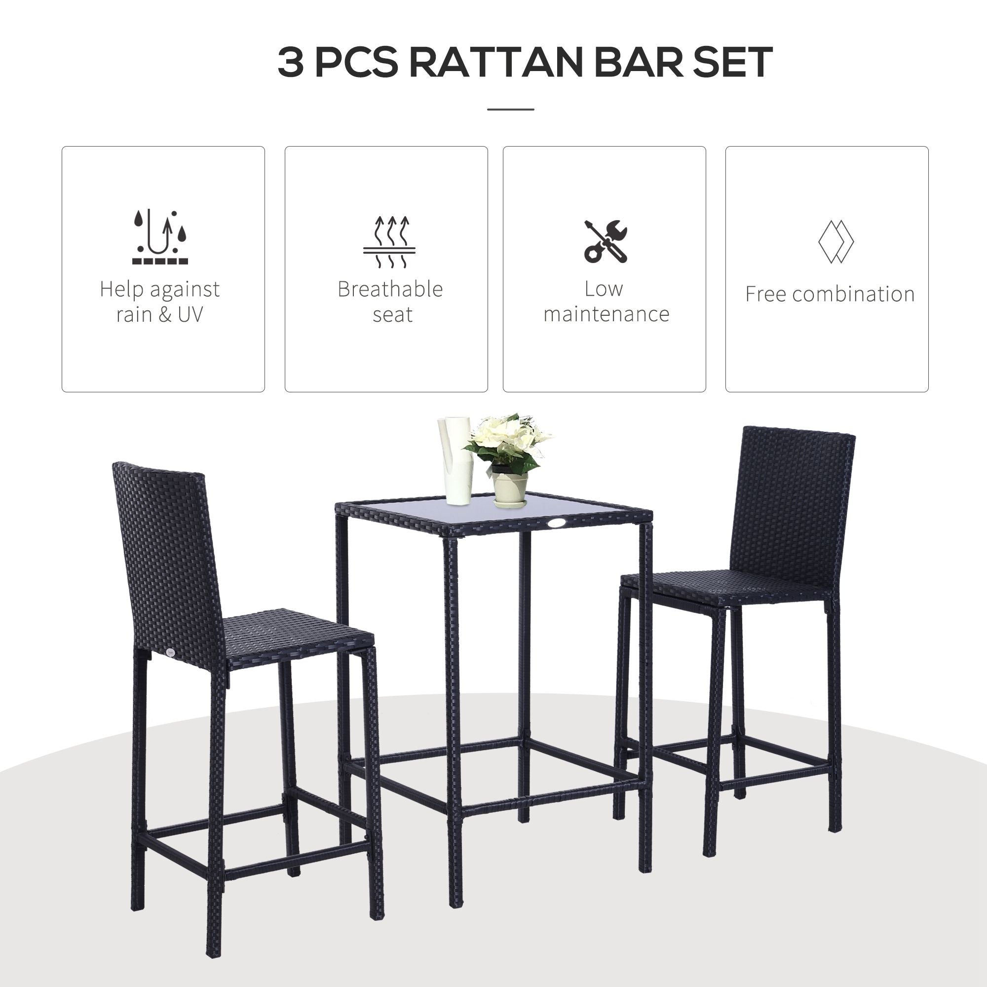 3 Piece Patio Bar Set Wicker Rattan Garden Bistro Set Barstool and Table for Patio Backyard Balcony Poolside, Black Bistro Sets   at Gallery Canada