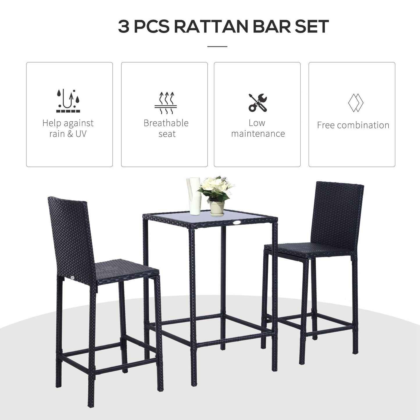 3 Piece Patio Bar Set Wicker Rattan Garden Bistro Set Barstool and Table for Patio Backyard Balcony Poolside, Grey Bistro Sets   at Gallery Canada