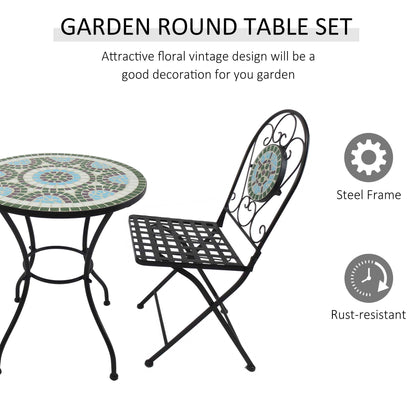 3 Piece Patio Bistro Set with Mosaic Design, Outdoor Dining Furniture Set for 2 with Folding Chairs, Green Bistro Sets   at Gallery Canada