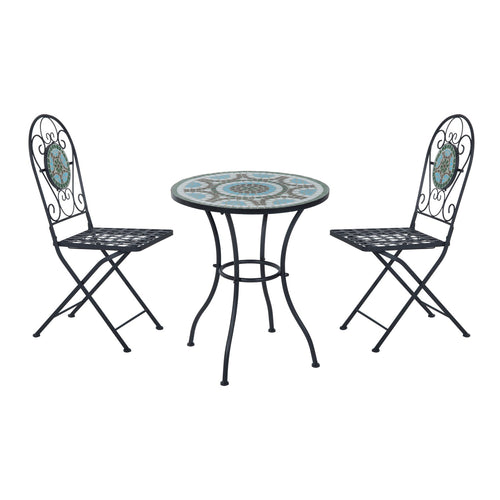 3 Piece Patio Bistro Set with Mosaic Design, Outdoor Dining Furniture Set for 2 with Folding Chairs, Green