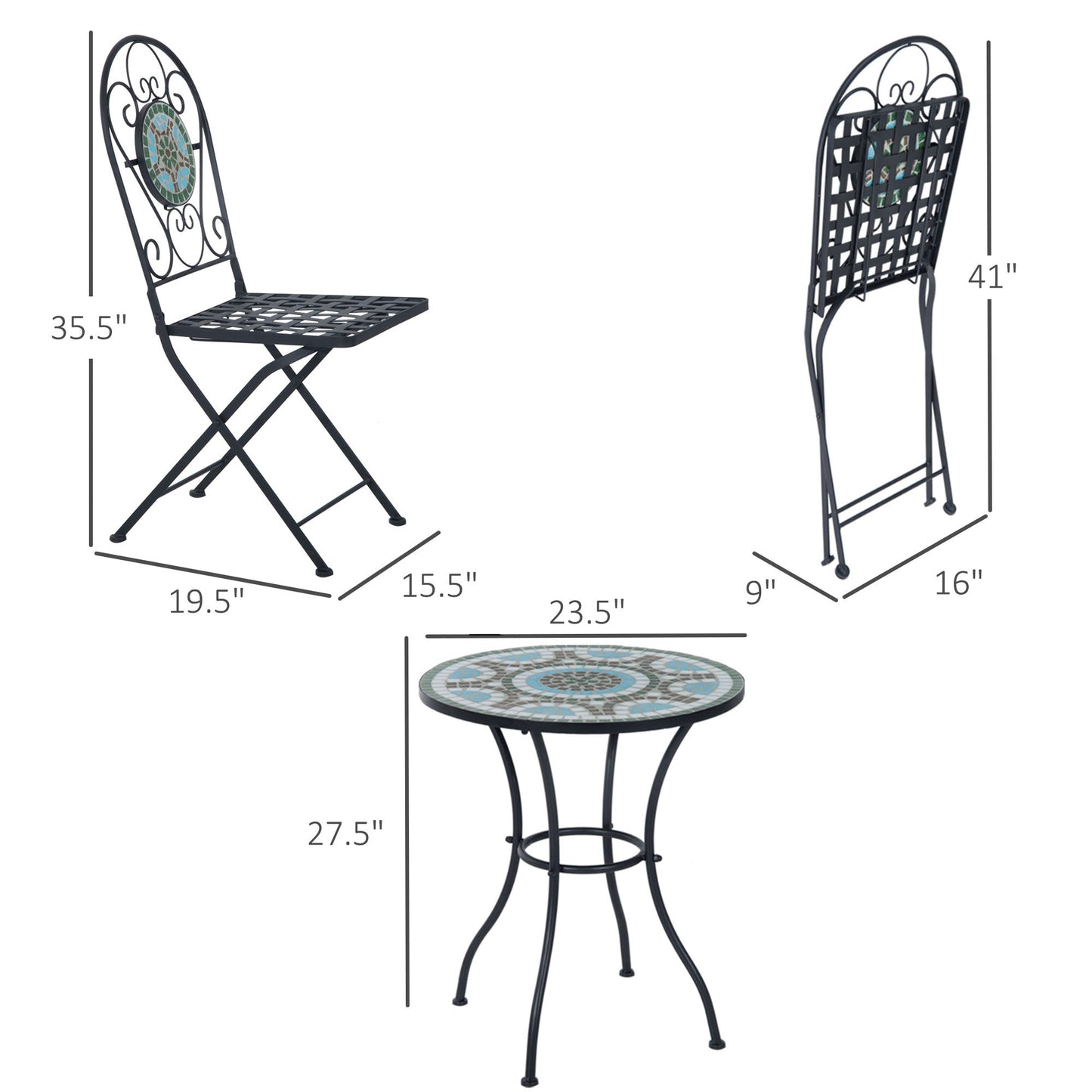 3 Piece Patio Bistro Set with Mosaic Design, Outdoor Dining Furniture Set for 2 with Folding Chairs, Green Bistro Sets   at Gallery Canada