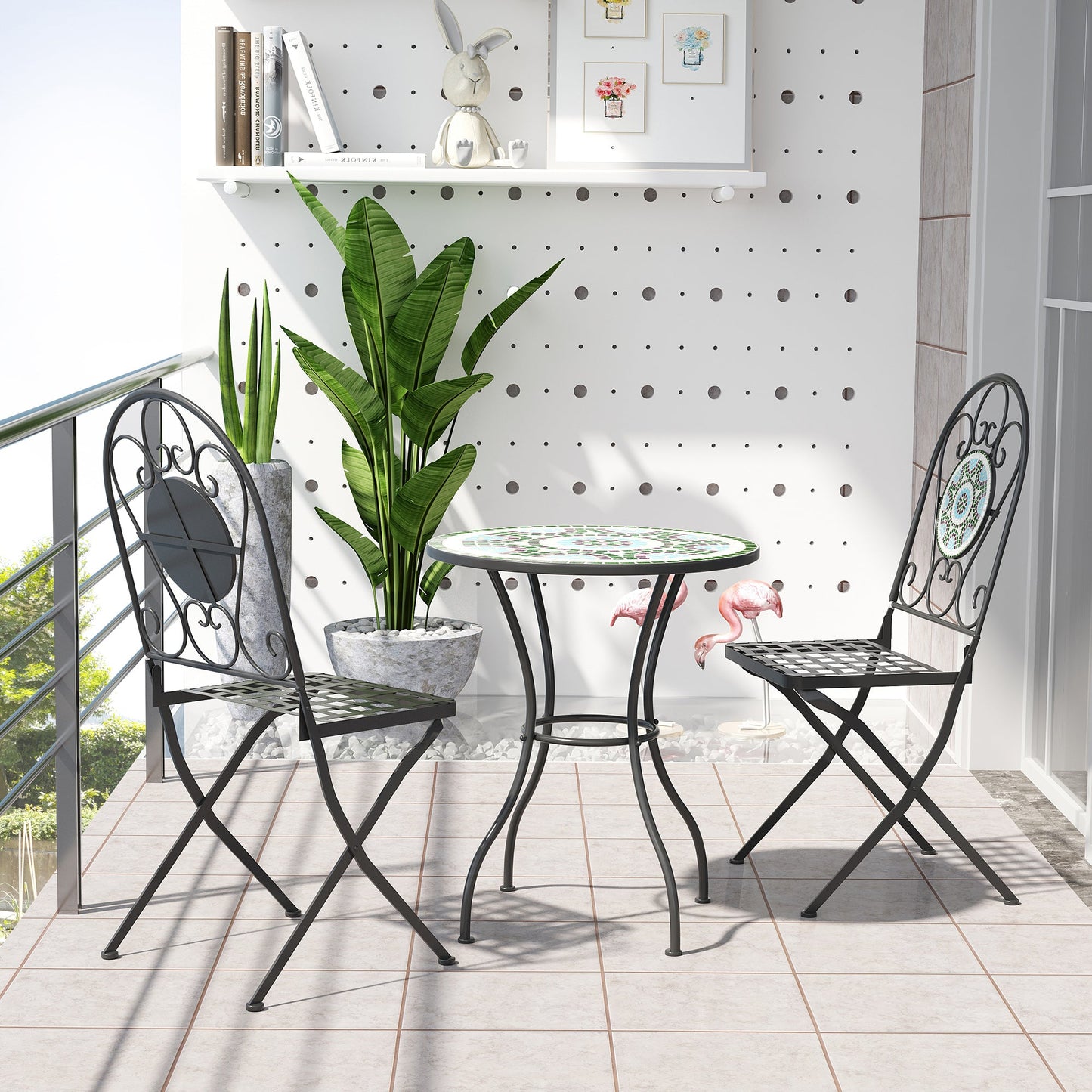 3 Piece Patio Bistro Set with Mosaic Design, Outdoor Dining Furniture Set for 2 with Folding Chairs, Green Bistro Sets   at Gallery Canada