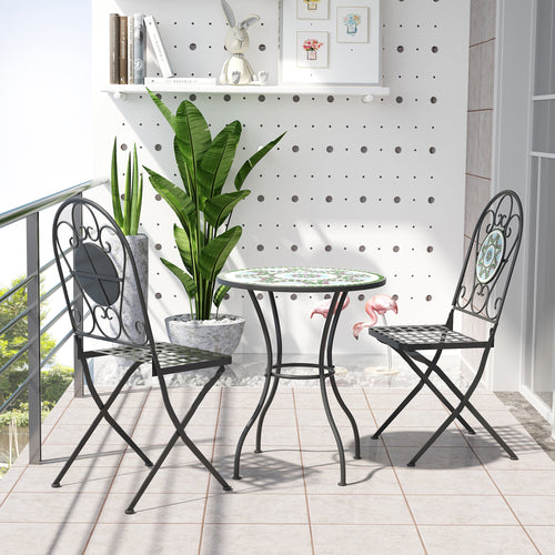 3 Piece Patio Bistro Set with Mosaic Design, Outdoor Dining Furniture Set for 2 with Folding Chairs, Green