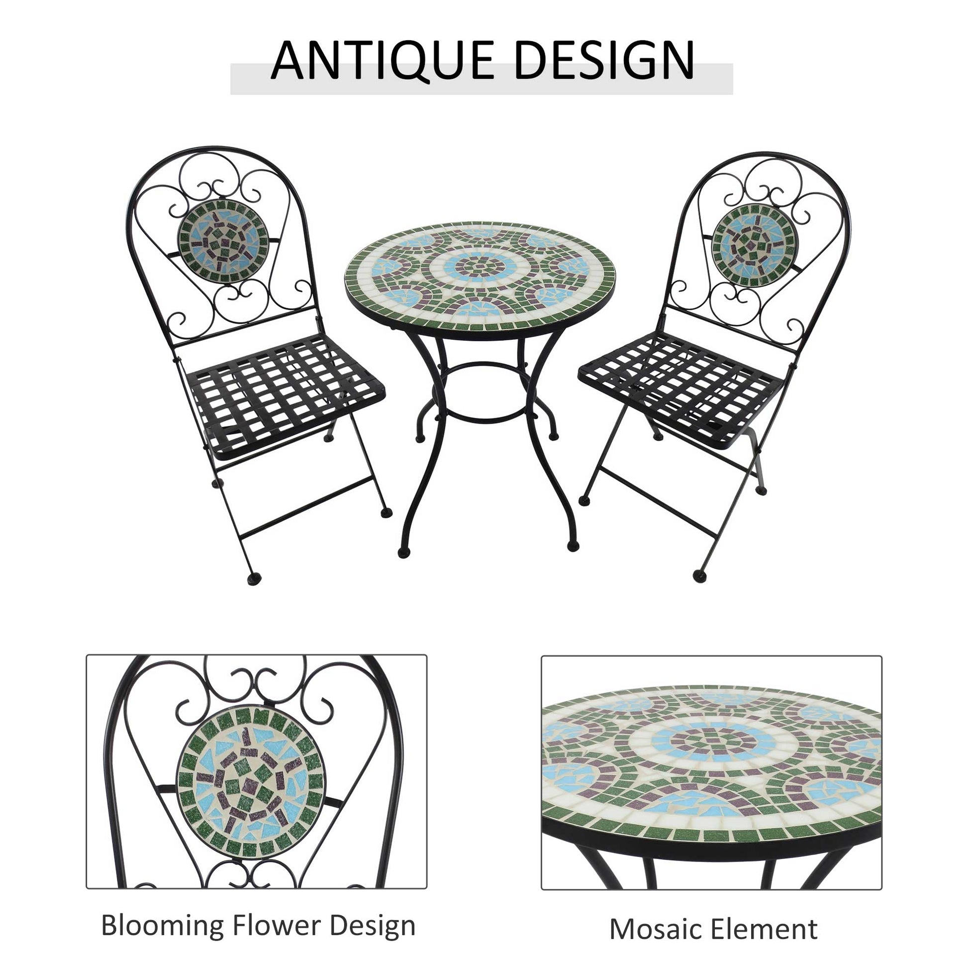 3 Piece Patio Bistro Set with Mosaic Design, Outdoor Dining Furniture Set for 2 with Folding Chairs, Green Bistro Sets   at Gallery Canada