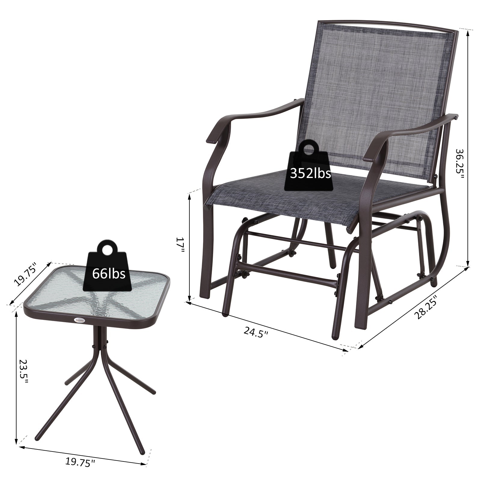 3 Piece Patio Gliders Set of 2, Outdoor Gliders for Outside with Breathable Mesh Seat, Glass Top Table, for Garden, Country Yard, Porch, Grey Outdoor Gliders   at Gallery Canada