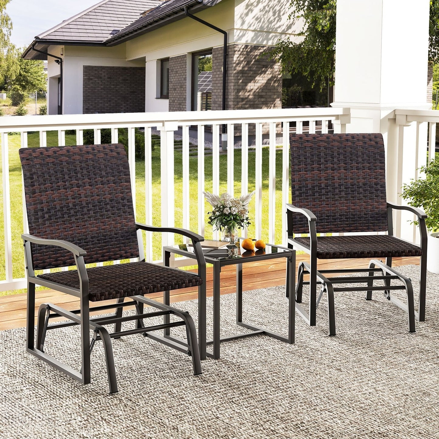 3 Piece Patio Gliding Set with Tempered Glass Coffee Table, Brown Patio Conversation Sets   at Gallery Canada