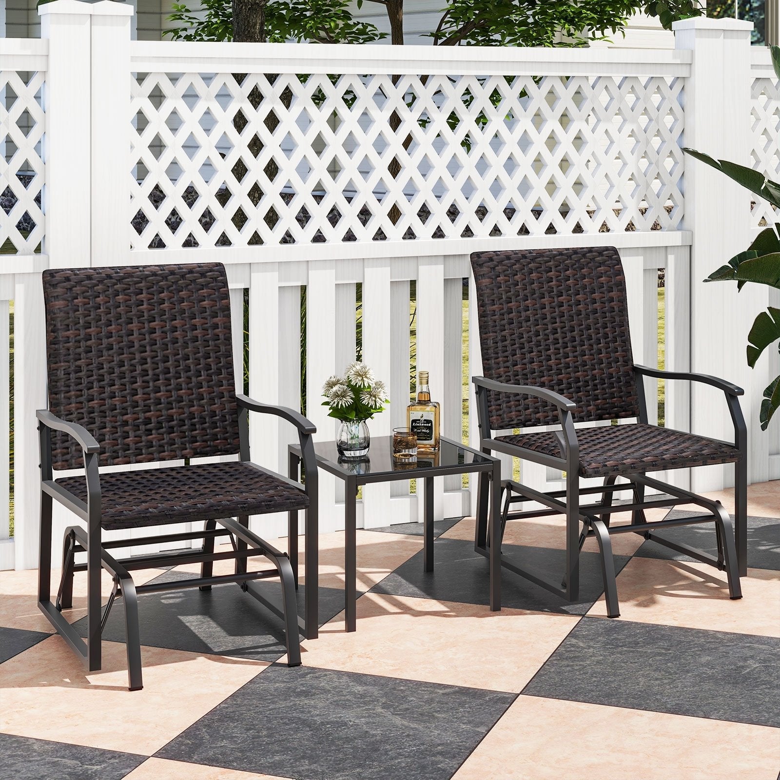 3 Piece Patio Gliding Set with Tempered Glass Coffee Table, Brown Patio Conversation Sets   at Gallery Canada