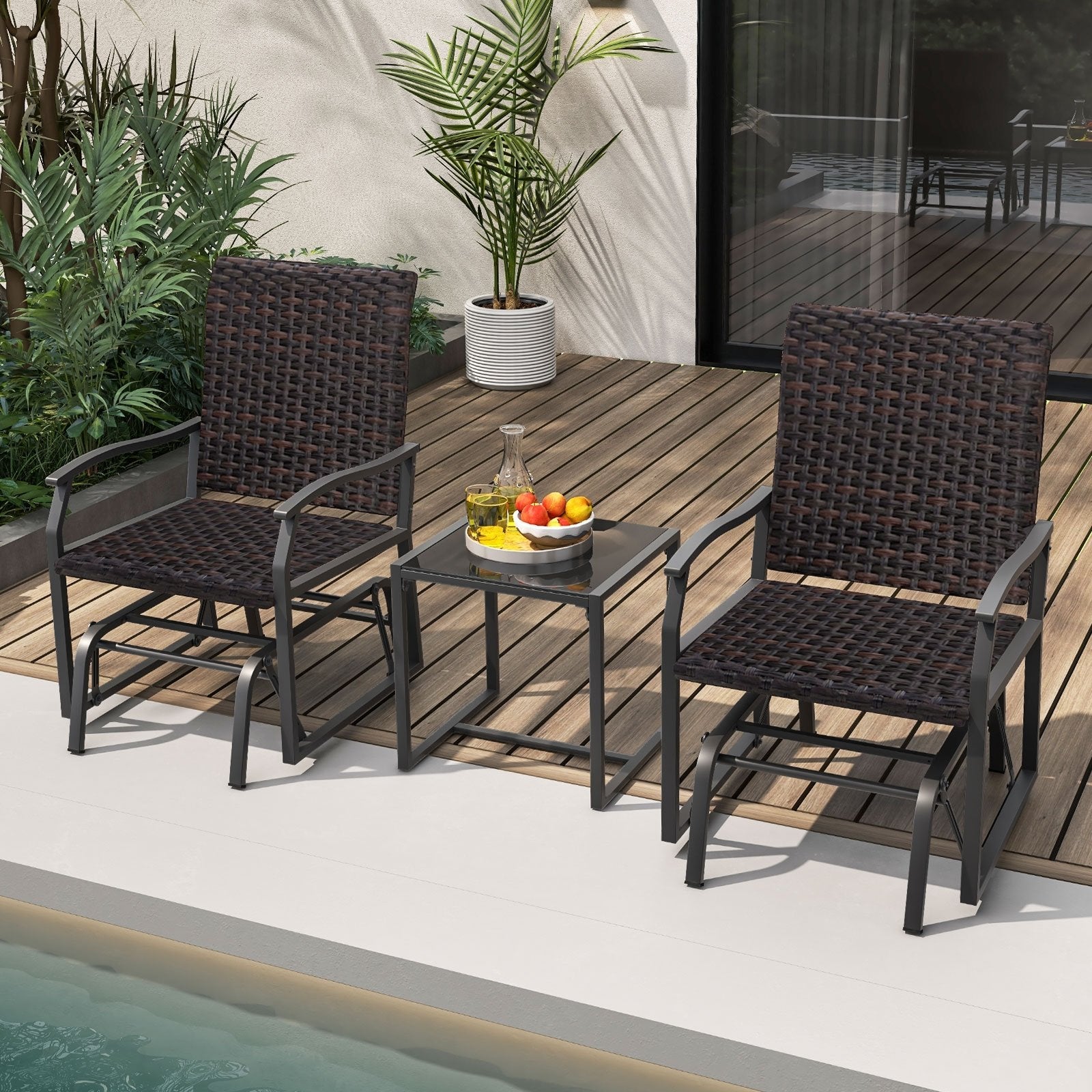 3 Piece Patio Gliding Set with Tempered Glass Coffee Table, Brown Patio Conversation Sets   at Gallery Canada