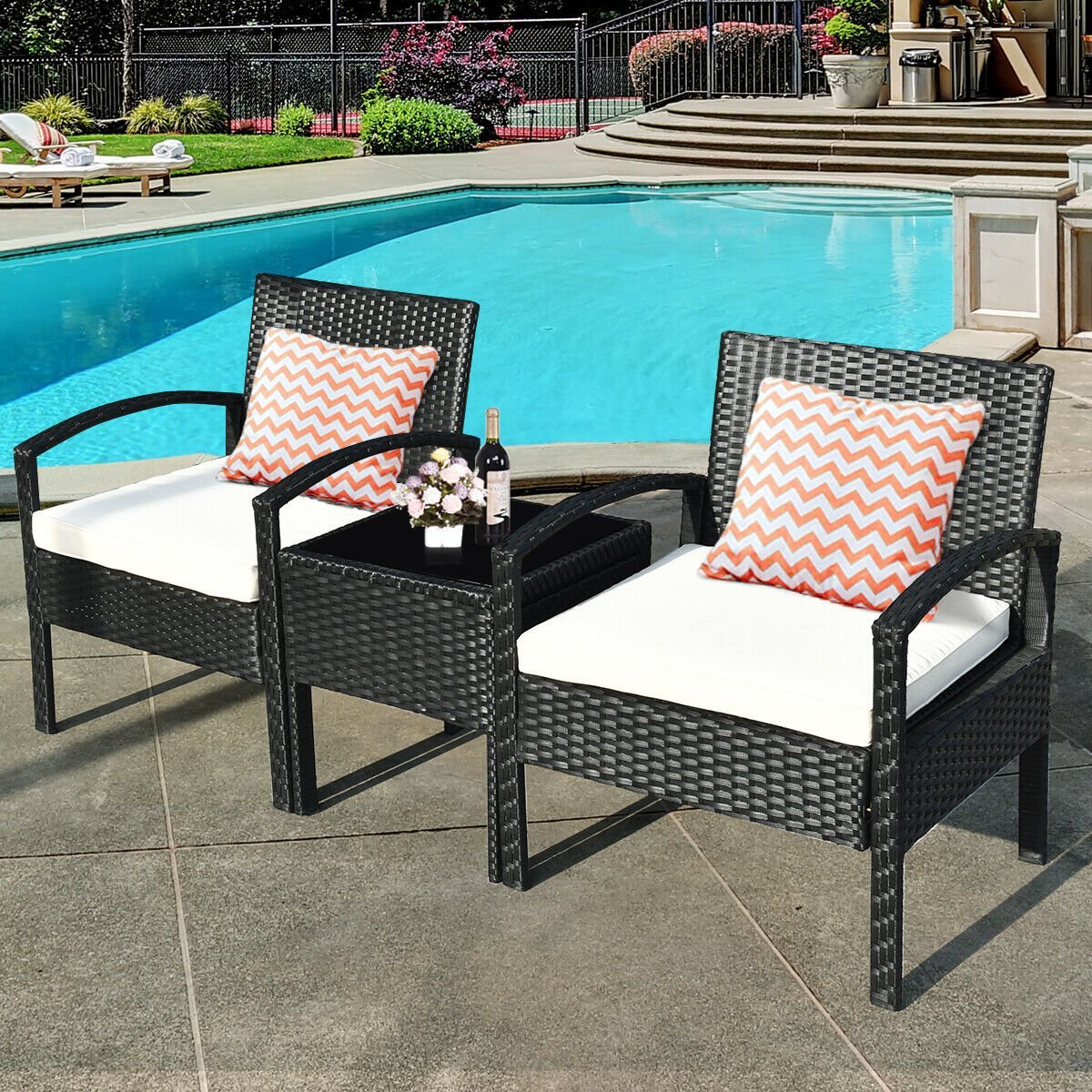 3 Piece Patio Rattan Furniture Set Sofa Cushioned Table Garden, White Patio Conversation Sets   at Gallery Canada