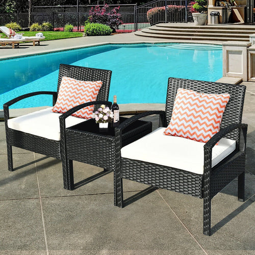 3 Piece Patio Rattan Furniture Set Sofa Cushioned Table Garden, White