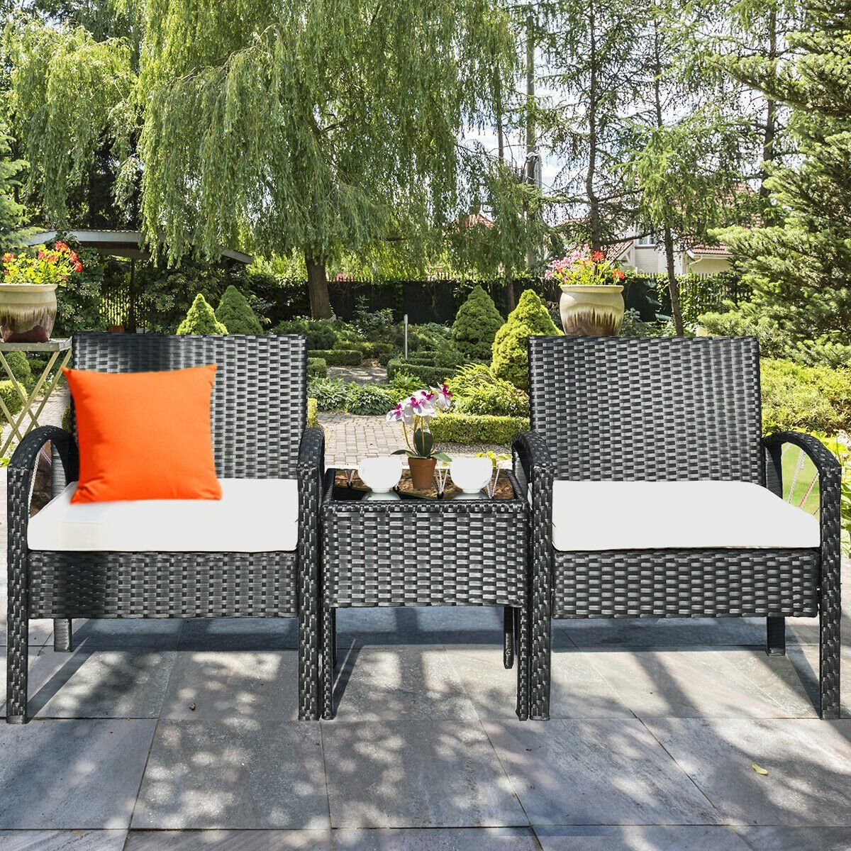 3 Piece Patio Rattan Furniture Set Sofa Cushioned Table Garden, White Patio Conversation Sets   at Gallery Canada